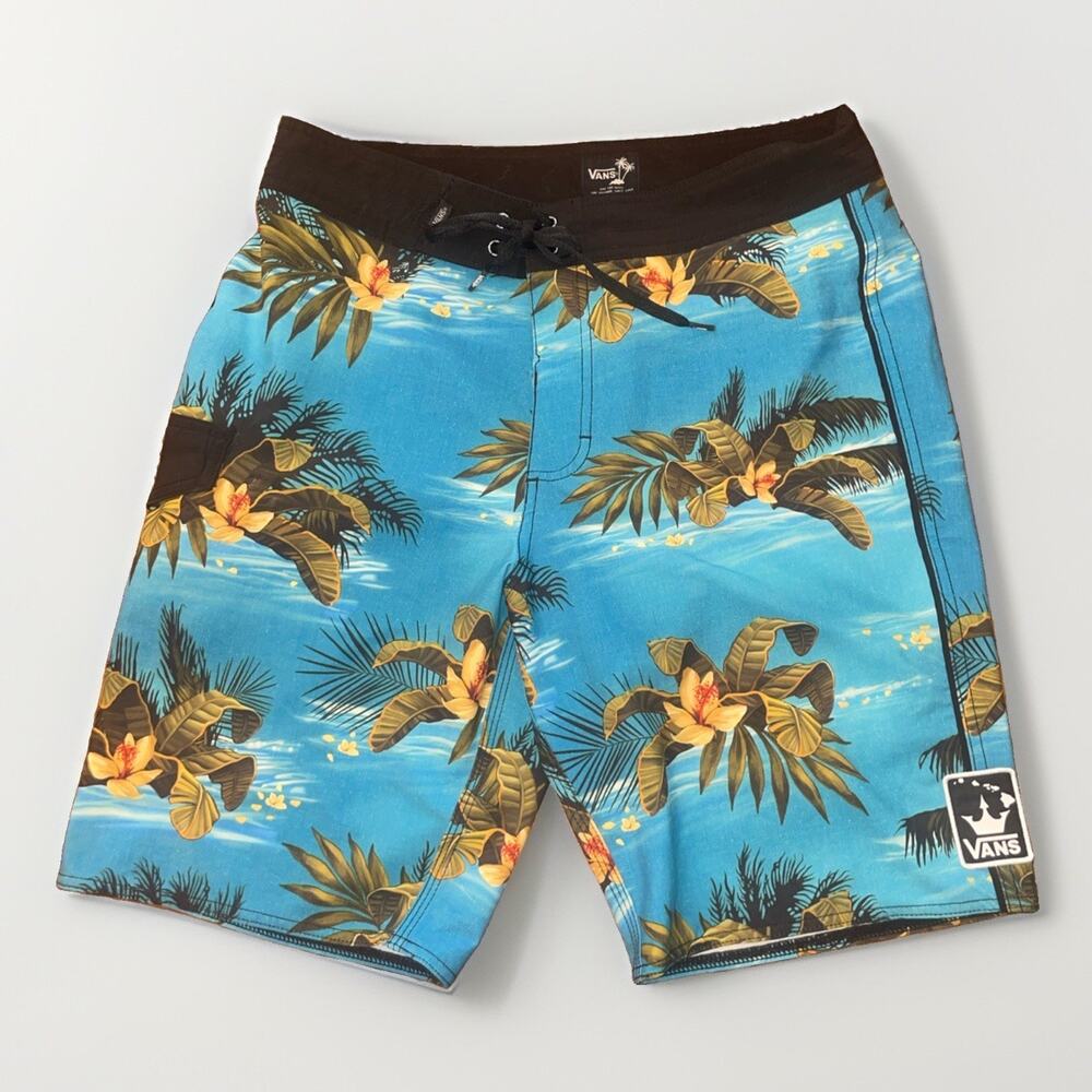 Vans Mens Board Swim Shorts Blue Hawaiian Floral Drawstring Waist Size 30